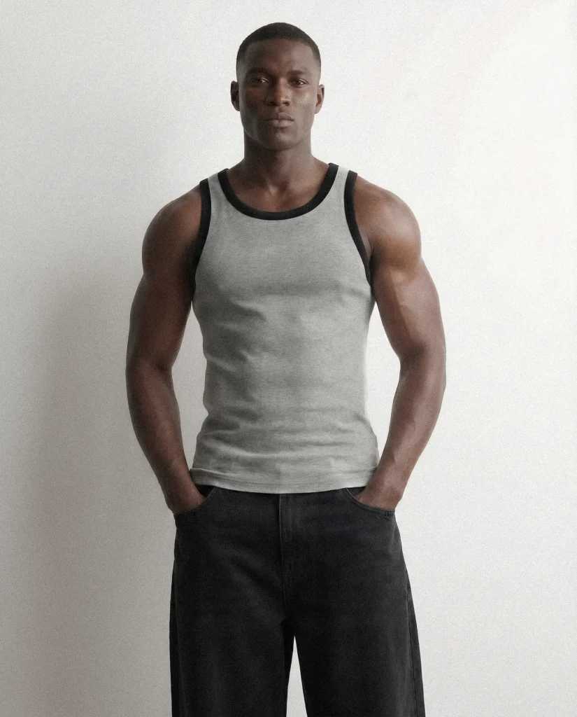 Camisilla gris con ribete negro y pantalón amplio